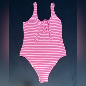 Aerie Pink and White One Piece Swimsuit with Lace-Up Detail